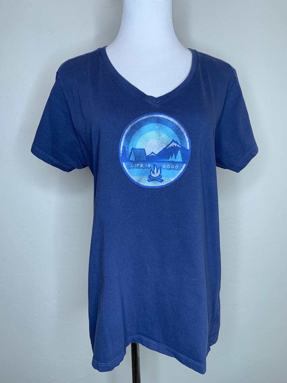 Life is Good Blue Graphic Tee T Shirt Camping Mountains Sz Large V Neck Gorpcore